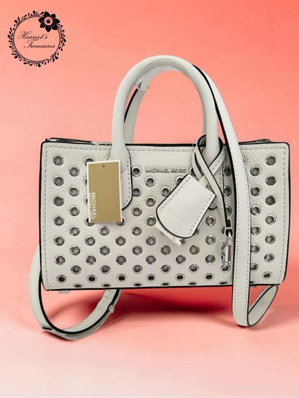 Michael Kors White Mini Leather Studded Satchel with Silver Accents